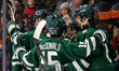 The Dartmouth Big Green celebrate a goal during an NCAA men's ice hockey game at Hobey Bak...