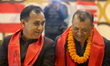 Newly elected President of the Nepali Congress, Gagan Kumar Thapa, chats with newly electe...
