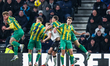 Sondre Langas of Derby County is in the midst of the action as West Bromwich Albion defend...