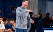 Zach Spiker, the head coach of the Drexel Dragons, exclaims during an NCAA men's basketbal...