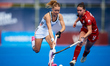 Emma Davidsmeyer of Germany competes for the ball with Emilie Verhees of Belgium during th...