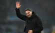Daniel Farke, manager of Leeds United, gestures to his team's supporters during the Premie...