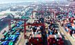 Foreign trade containers stack in Qingdao Port yard in Qingdao City, Shandong Province, Ch...