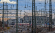 A suburban train and multiple railway tracks are near Munich East station in Munich, Bavar...