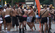 The movement of revelers occurs on Ipiranga Avenue in the central region of Sao Paulo, Bra...