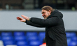 Leeds United manager, Daniel Farke, celebrates the win and thanks the supporters during th...