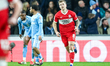 Riley McGree of Middlesbrough FC races back to restart play following his goal during the...
