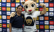 Paola Chavero, a player for Pumas Femenil, accompanies ''Goya'' during her presentation as...