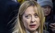 Prime Minister of Italy Giorgia Meloni arrives and talks to the media and international pr...