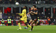 Rafael Leao plays during the Serie A match between AC Milan and Como at Giuseppe Meazza st...