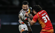 Esan Marsters is tackled by Tiaki Chan during the BetFred Super League match between Bradf...