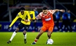 NAC Breda midfielder Kamal Sowah and FC Volendam defender Precious Ugwu play during the ma...