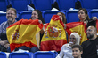 Fans of Carlos Alcaraz of Spain hold up a Spanish flag in support during his men's singles...