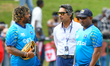 Sanath Jayasuriya, head coach of Sri Lanka, and consultant bowling coach Lasith Malinga sp...