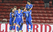 Caleb Okoli of Leicester City scores the opening goal and celebrates during the Sky Bet Ch...