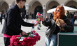 A man gives a floer to a woman at Main Square on International Women's Day in Krakow, Pola...