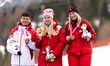 Wenjing Zhu of China, Varvara Voronchikhina of Russia, and Michaela Gosselin of Canada sta...