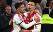 Ajax players Lucas Rosa and Steven Berghuis celebrate a goal during the Dutch Eredivisie m...