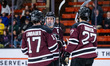 The Union Garnet Chargers huddle during an NCAA men's ice hockey game at Hobey Baker Arena...