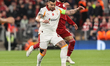 Abdulkerim Bardakci of Galatasaray holds off Mohamed Salah of Liverpool during the UEFA Ch...