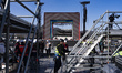 Workers prepare a massive stage at Gwanghwamun Square in Seoul, South Korea, on March 19,...