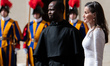 Queen Letizia is welcomed by the vice regent of the Pontifical Household, Augustinian Fath...