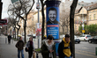 An elections poster on an advertising silo is seen with an image depicting Ukrainian Presi...
