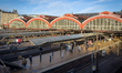 Platforms and the train shed of Copenhagen Central Station are seen from above near Tietge...