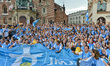 Pilgrims from Argentina outside the Mariacki Basilica in Krakow's main Square.Thousands o...