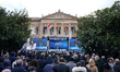 People gather in Messina, Italy, on March 28, 2026, for a national demonstration in suppor...