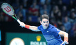 Milos Raonic (CAN)(4)in action against  Gael Monfils (FRA)(6)making his Debut  in their Iv...
