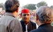 Uttar Pradesh state  Chief Minister Akhilesh Yadav reacts during a conversation in  a publ...