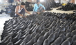 Bangladeshi workers display shoes at a shoe factory in Savar tannery industrial estate nea...