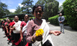 Nepalese people lining to offer greeting towards Former King Gyanendra Shah on his 71th bi...