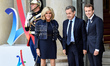 French President Emmanuel Macron and his wife Brigitte welcome former French President Nic...