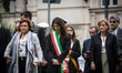 Ruth Dureghello (L) and Virginia Raggi (C) attend Ceremony of Commemoration on the occasio...