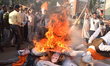 Indian Political Party of Trinamool Congress supporters burn effigy's Indian Prime Ministe...