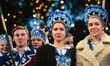 A view of girls wearing traditional Ukrainian folk costumes in Lviv's city center.On Mond...