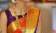 Indian model wearing an exquisite sari during a South Indian and Tamil bridal show held in...