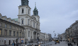 The Church of the Holy Cross is seen on Krakowskie Przedmiescie is seen in Warsaw, Poland...