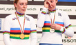 Gold medallists Great Britain's Emily Nelson (L) and Katie Archibald pose on the podium af...