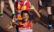 Rochelle Humes at the finish line during the Virgin Money London Marathon in London, Engla...