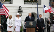 (L-R): French First Lady Brigitte Macron, U.S. First Lady Melania Trump, U.S. President Do...