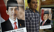 A vendor shows a portrait of the Indonesian President elect, Joko Widodo (L) and his deput...