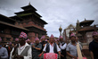 Nepalese people playing traditional instruments around the streets of patan durbar square...
