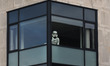 A Stormtrooper statue from the Star Wars movie seen in an office window, in Dublin City Ce...