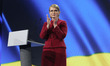 Yulia Tymoshenko, the Ukrainian politician and leader of the "Batkivshchyna" party, reacts...