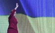 Yulia Tymoshenko, the Ukrainian politician and leader of the "Batkivshchyna" party, greets...
