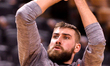  Jonas Valanciunas #17 of the Toronto Raptors warms-up before the Toronto Raptors vs Sacra...