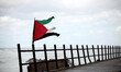 Palestinian flag fluttering in the Beach camp at low pressure and winds on February 20, 20...